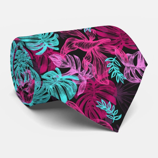 Teal and Shades of Pink Tropical Leaves Tie (Rolled)
