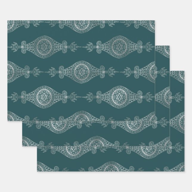 Teal and Silver Abstract Boho Pattern Wrapping Paper Sheet (Set)
