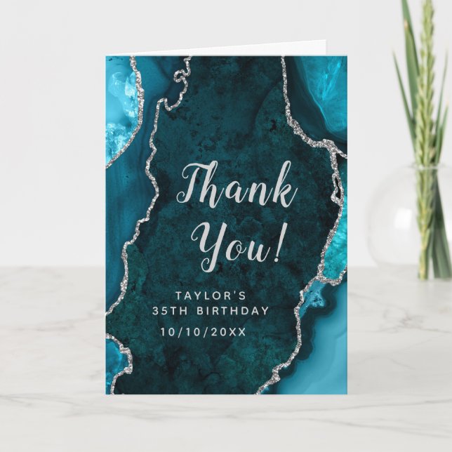 Teal and Silver Agate Birthday Thank You Card (Front)