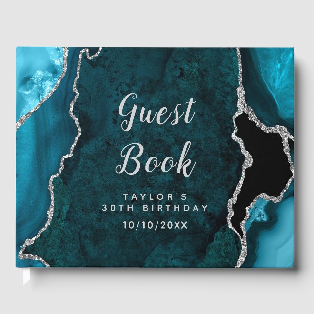Teal and Silver Agate Marble Birthday Guest Book (Front)