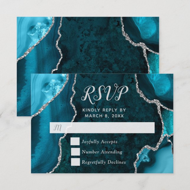 Teal and Silver Agate Marble RSVP Card (Front/Back)