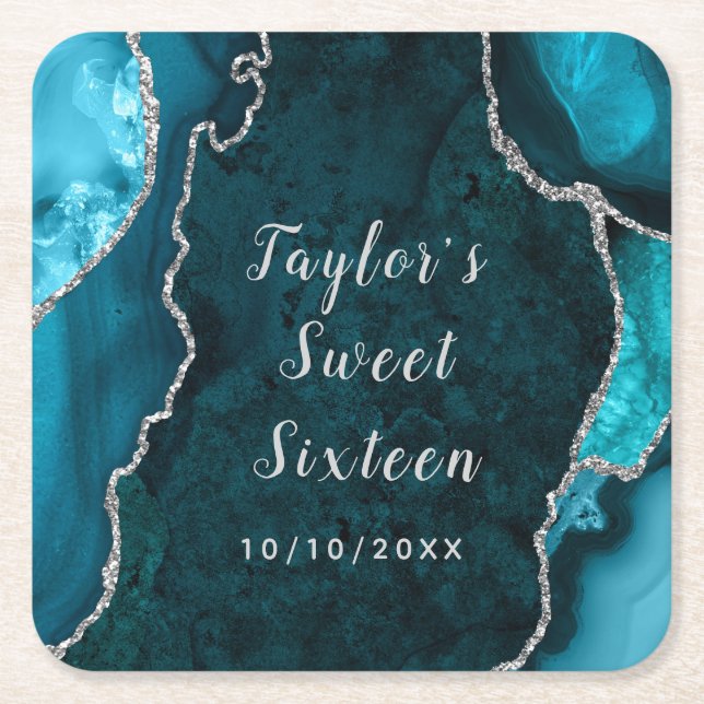 Teal and Silver Agate Marble Sweet Sixteen Square Paper Coaster (Front)
