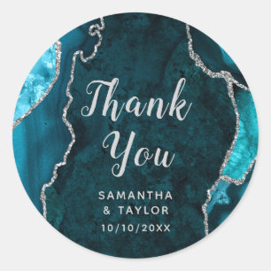 Teal and Silver Agate Marble Thank You Wedding Classic Round Sticker