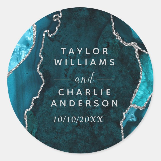 Teal and Silver Agate Marble Wedding Classic Round Sticker (Front)