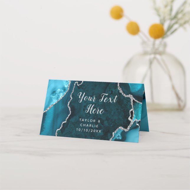 Teal and Silver Agate Marble Wedding Place Card (Front)