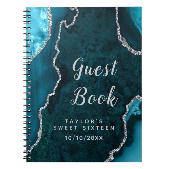 Teal and Silver Agate Sweet Sixteen Guest Book (Front)