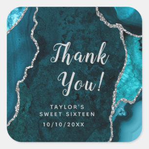 Teal and Silver Agate Sweet Sixteen Thank You Square Sticker