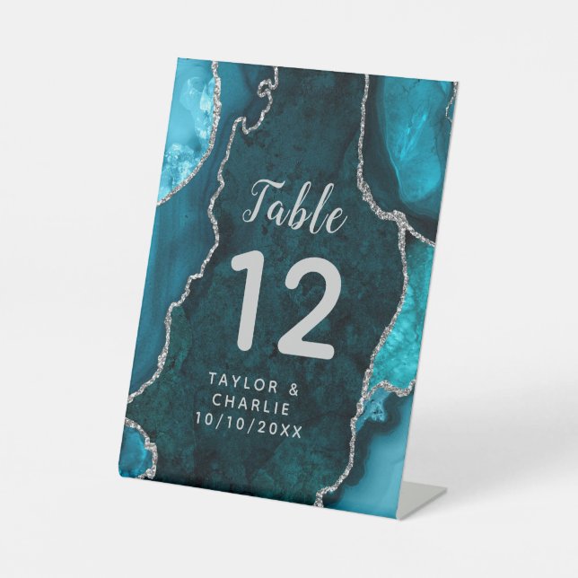 Teal and Silver Agate Wedding Table Number Pedestal Sign (Front)