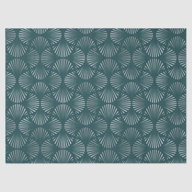 Teal and Silver Art Deco Fan Pattern Decoupage Tissue Paper (Front)