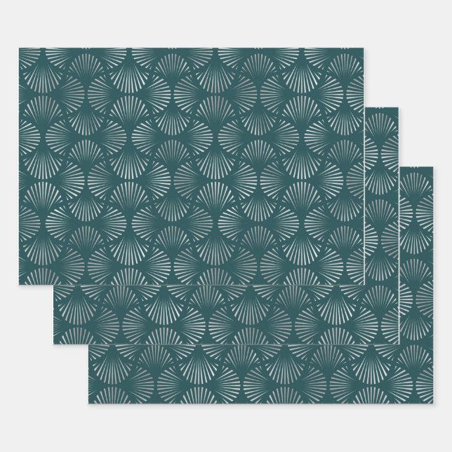 Teal and Silver Art Deco Fan Pattern Wrapping Paper Sheet (Set)