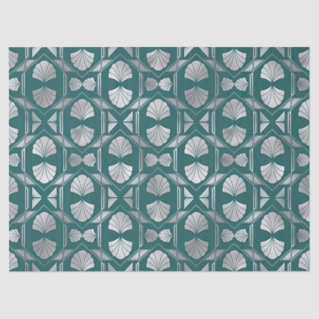 Teal and Silver Art Deco Shell Pattern Decoupage Tissue Paper (Front)