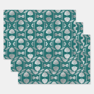 Teal and Silver Art Deco Shell Pattern Wrapping Paper Sheet