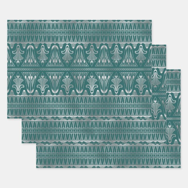 Teal and Silver Art Deco Wrapping Paper Sheet (Set)