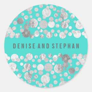 Teal and Silver Confetti Wedding Classic Round Sticker