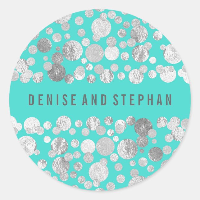Teal and Silver Confetti Wedding Classic Round Sticker (Front)