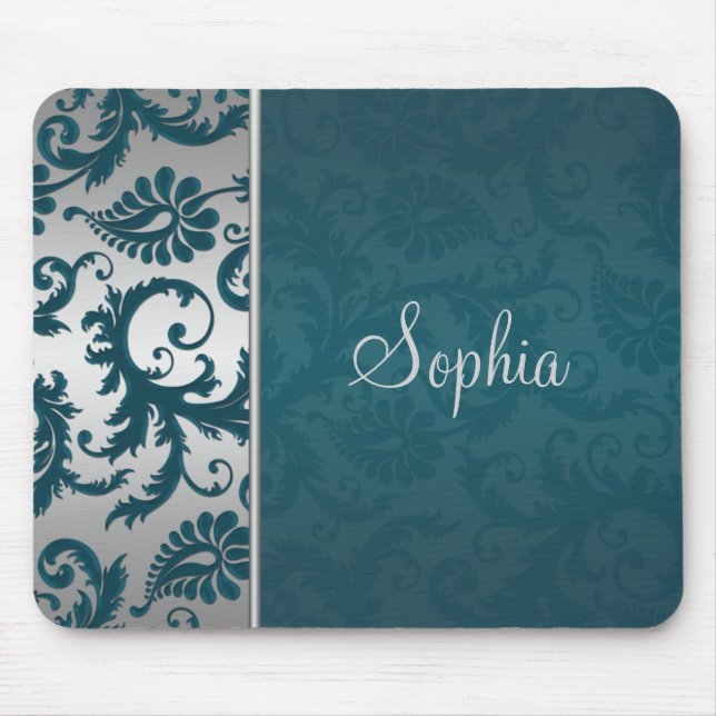 Teal and Silver Damask Mousepad (Front)