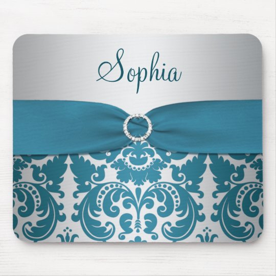 Teal and Silver Damask Mousepad