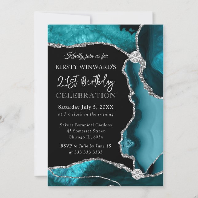 Teal and Silver Faux Glitter Agate Birthday Invitation (Front)