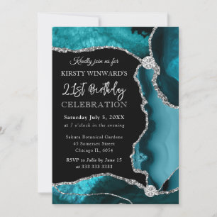 Teal and Silver Faux Glitter Agate Birthday Invitation