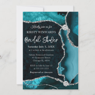 Teal and Silver Faux Glitter Agate Bridal Shower Invitation
