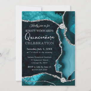 Teal and Silver Faux Glitter Agate Quinceanera Invitation