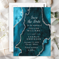 Teal and Silver Faux Glitter Agate Save The Date