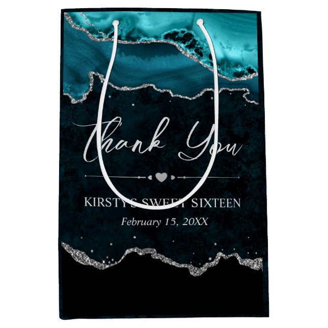 Teal and Silver Faux Glitter Agate Sweet 16 Medium Gift Bag (Front)