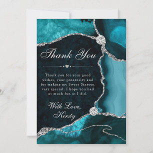 Teal and Silver Faux Glitter Agate Sweet 16 Thank You Card