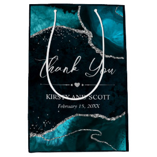 Teal and Silver Faux Glitter Agate Wedding Medium Gift Bag
