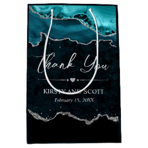 Teal and Silver Faux Glitter Agate Wedding Medium Gift Bag