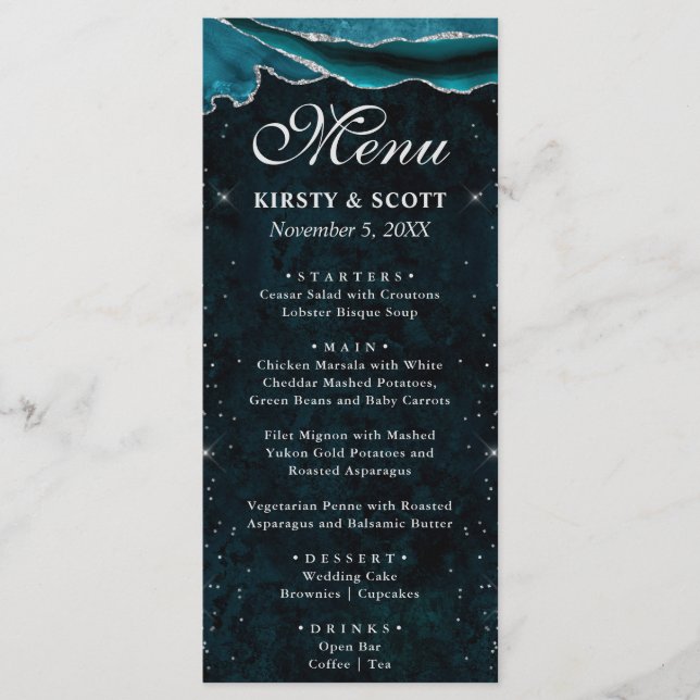 Teal and Silver  Faux Glitter Agate Wedding Menu (Front)
