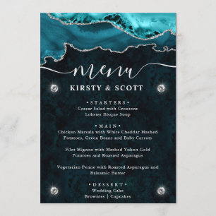 Teal and Silver Faux Glitter Agate Wedding Menu