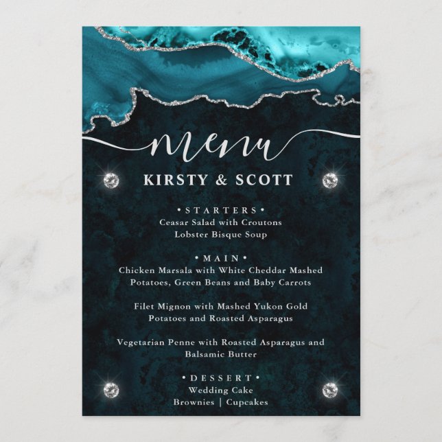 Teal and Silver Faux Glitter Agate Wedding Menu (Front)