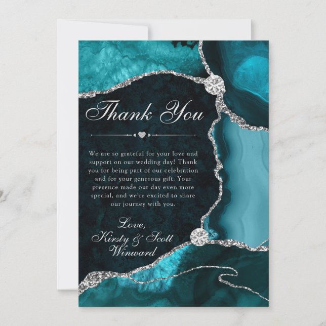 Teal and Silver Faux Glitter Agate Wedding Thank You Card (Front)