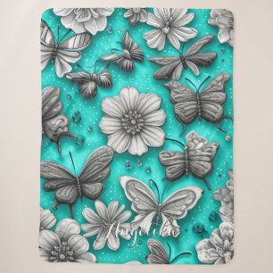 Teal and Silver Floral Butterflies Custom Name Sherpa Blanket