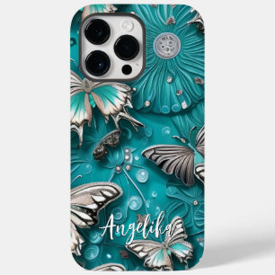 Teal and Silver Floral Butterfly Custom Name Case-Mate iPhone 14 Pro Max Case