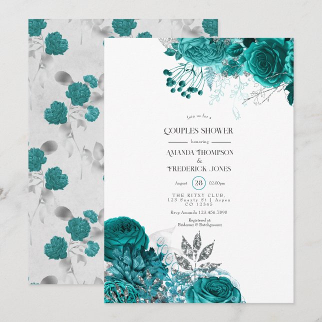 Teal and Silver Floral Couples Shower Invitation (Front/Back)