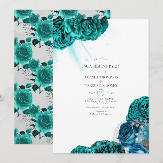 Teal and Silver Floral Wedding Engagement Party Invitation (Front/Back)