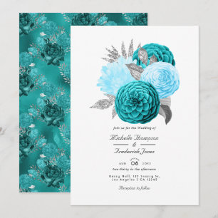 Teal and Silver Floral Wedding Invitation