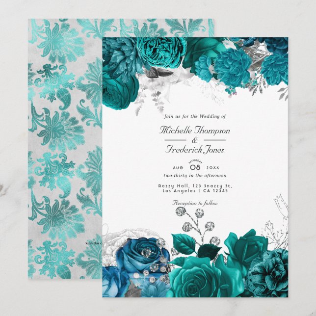 Teal and Silver Floral Wedding QR Code Rsvp Invitation (Front/Back)