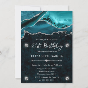 Teal and Silver Glitter Agate 21st Birthday Invitation