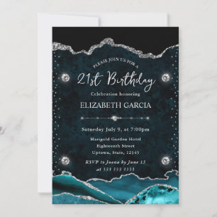 Teal and Silver Glitter Agate 21st Birthday Invitation