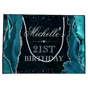 Teal and Silver Glitter Agate Birthday Large Gift Bag