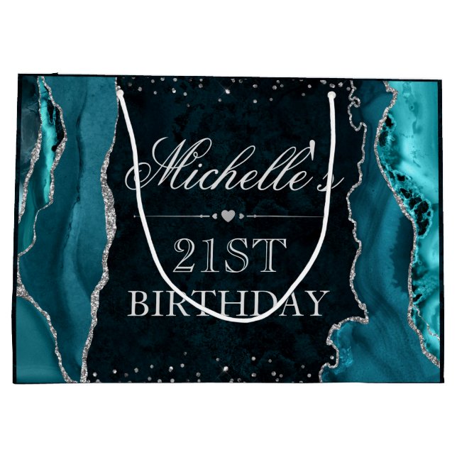 Teal and Silver Glitter Agate Birthday Large Gift Bag (Back)