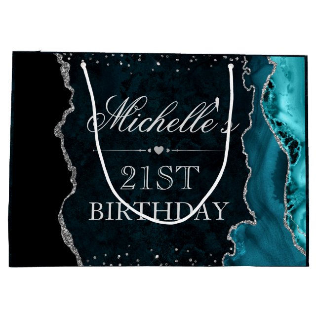 Teal and Silver Glitter Agate Birthday Large Gift Bag (Back)