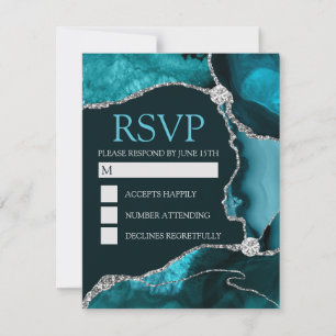 Teal and Silver Glitter Agate Birthday Party RSVP Card