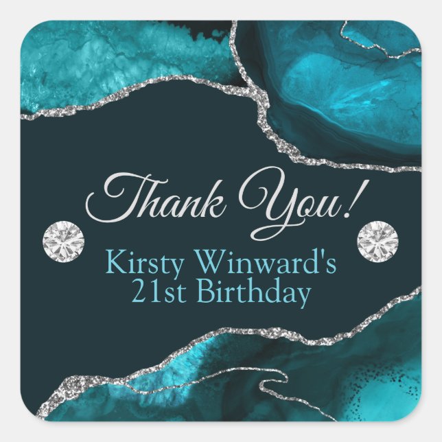 Teal and Silver Glitter Agate Birthday Party Square Sticker (Front)