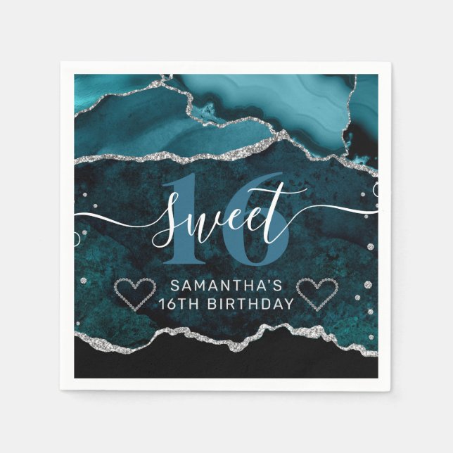 Teal and Silver Glitter Agate Marble Sweet 16 Napkin (Front)