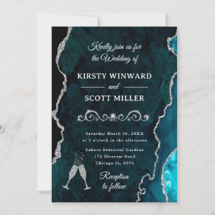 Teal and Silver Glitter Agate & Marble Wedding Invitation
