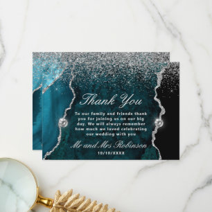 Teal and Silver Glitter Agate Marble Wedding Thank You Card
